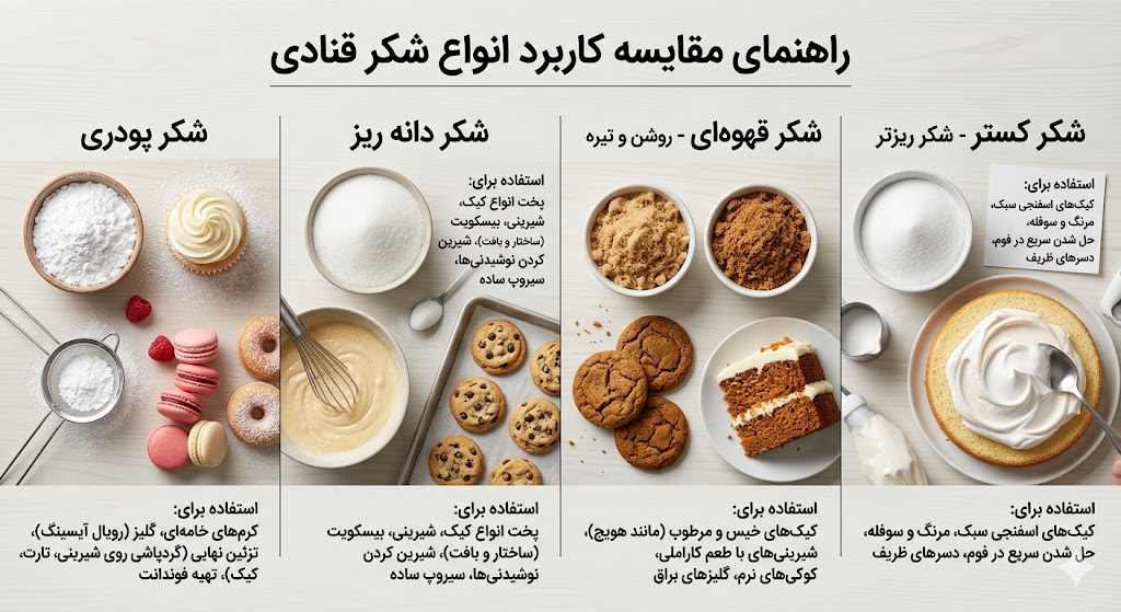 مقایسه کاربرد انواع شکر قنادی